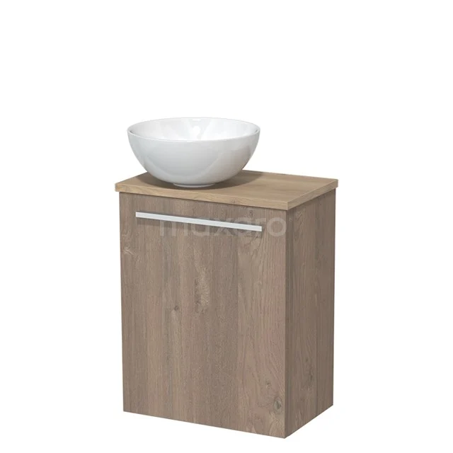 Toilet unit with countertop wash basin | 41 cm Mid brown oak Flat front High-gloss white Ceramic basin Light brown oak worktop TMK10-02875