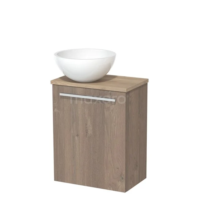 Toilet unit with countertop wash basin | 41 cm Mid brown oak Flat front High-gloss white Mineral marble basin Light brown oak worktop TMK10-02877