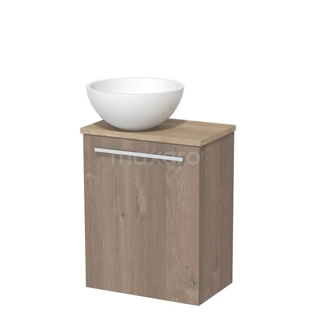WC-Möbel mit Aufsatzwaschbecken | 41 cm mittelbraune Eiche Glatte Front Matt Weiß Aufsatzwaschbecken Hellbraune Eiche Platte TMK10-02878 Holz Badschrank mit Haltegriff, beige Eiche Look, einschließlich weißem rundem Aufsatzwaschbecken, kompaktes Design für Badezimmerlagerung.