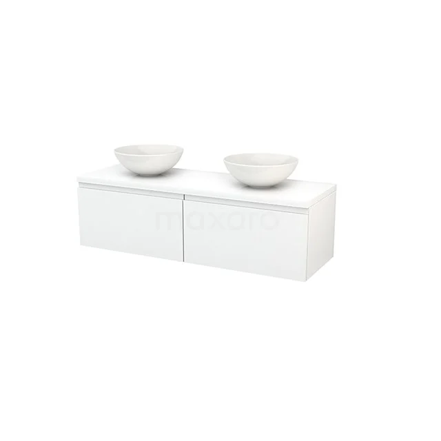 Modulo+ Plato Vanity units for countertop basin | 140 cm High-gloss white Handle-less front High-gloss white worktop 2 Side-by-side drawers BMK002188 White Bathroom unit with vanity units with basin, sleek design, two drawers and ceramic bowls, ideal for modern bathrooms.