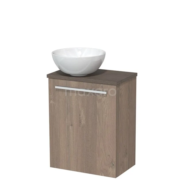 Toiletmeubel met waskom | 41 cm Middenbruin eiken Vlak front Hoogglans wit Keramiek waskom Donkerbruin eiken blad TMK10-06600