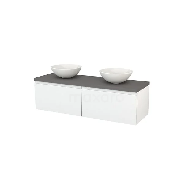 White bathroom furniture set with two countertop wash basins, an anthracite worktop and sleek design for modern bathrooms.