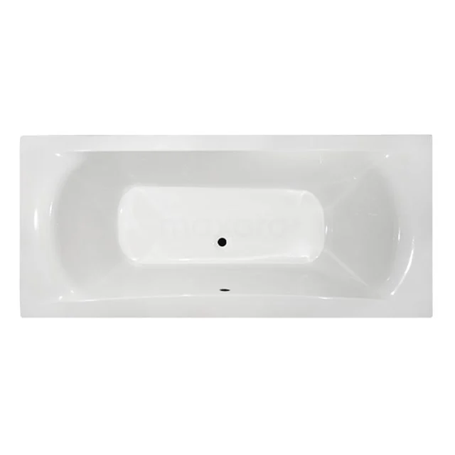 Rechteckige weiße Badewanne, aus Acryl gefertigt, mit einem zentralen Ablasspunkt; perfekt für einen modernen Badezimmerstil.