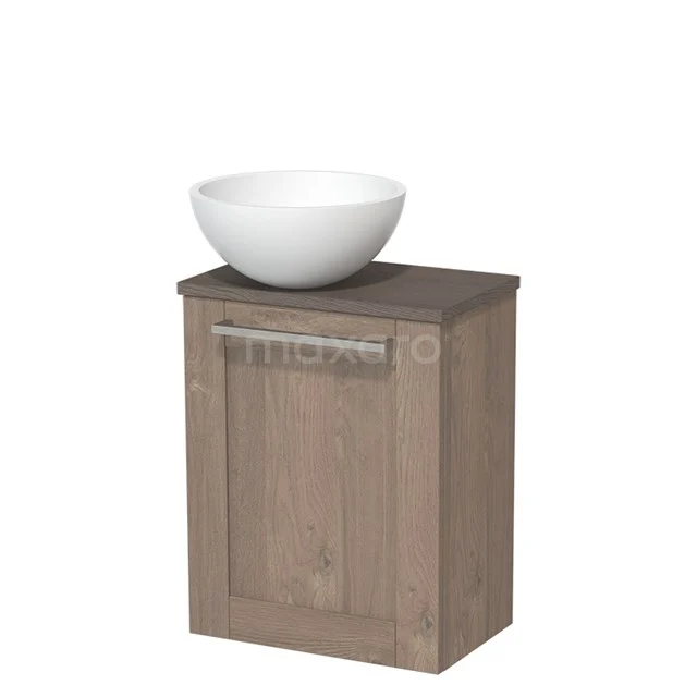 WC-Möbel mit Aufsatzwaschbecken | 41 cm Mittelbraune Eiche Rahmenfront Matt Weiß Aufsatzwaschbecken Dunkelbraune Eiche Platte TMK10-06608 Hölzerner Badschrank mit modernem Waschbecken-Design, weißem Aufsatzwaschbecken und metallischem Haltegriff, ideal für stilvolles Verstauen.