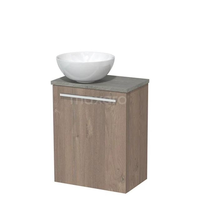 Toilet unit with wash basin | 41 cm Mid brown oak Flat front High-gloss white Ceramic countertop wash basin Grey oak worktop TMK10-02303