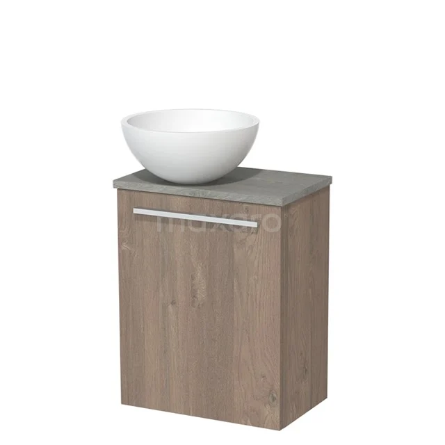 Toilet unit with countertop wash basin | 41 cm Mid brown oak Flat front Matte white Solidtop wash basin Grey oak worktop TMK10-02306