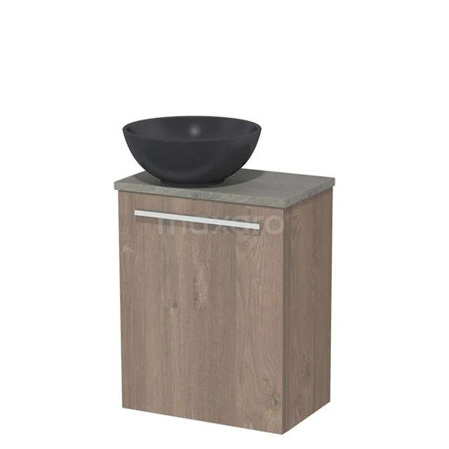 Toilet unit with wash basin | 41 cm Mid brown oak Flat front Matte black Quartz wash basin Grey oak worktop TMK10-02307