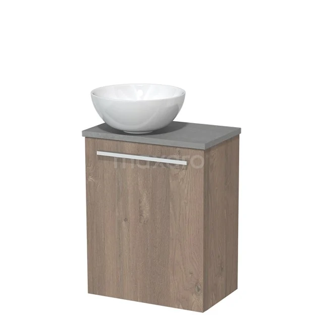 Toilet unit with countertop wash basin | 41 cm Mid brown oak Flat front High-gloss white Ceramic wash basin Light grey concrete worktop TMK10-02313 Wooden bathroom unit with grey worktop and white ceramic countertop wash basin, compact design for modern bathrooms.