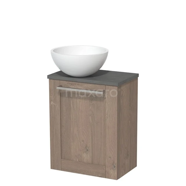 Toilet unit with countertop wash basin | 41 cm Mid brown oak Front Matte white Solid surface wash basin Dark grey concrete worktop TMK10-06638