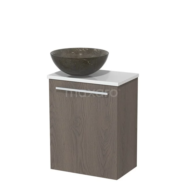 WC-Möbel mit Aufsatzwaschbecken | 41 cm Dunkelbraune Eiche Glatte Front Blaustein Naturstein Aufsatzwaschbecken Hochglanz Weiß TMK10-06651 Holz-Badschrank mit marmoriertem Waschbecken, elegantes Design, ideal für Stauraum in einem modernen Badezimmer.