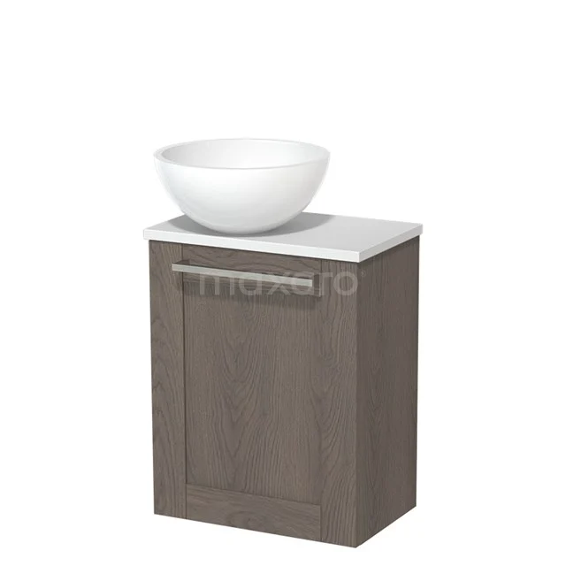 Holz-Waschtisch mit modernem weißen Becken und Softclose-Tür, ideal für eine stilvolle Badezimmergestaltung.