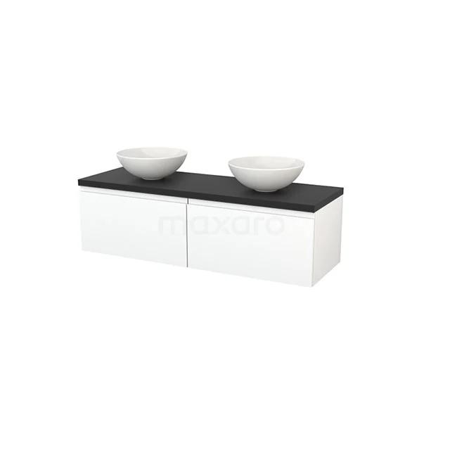 White vanity set with black worktop and two surface-mounted bowls, sleek design for modern bathroom design.