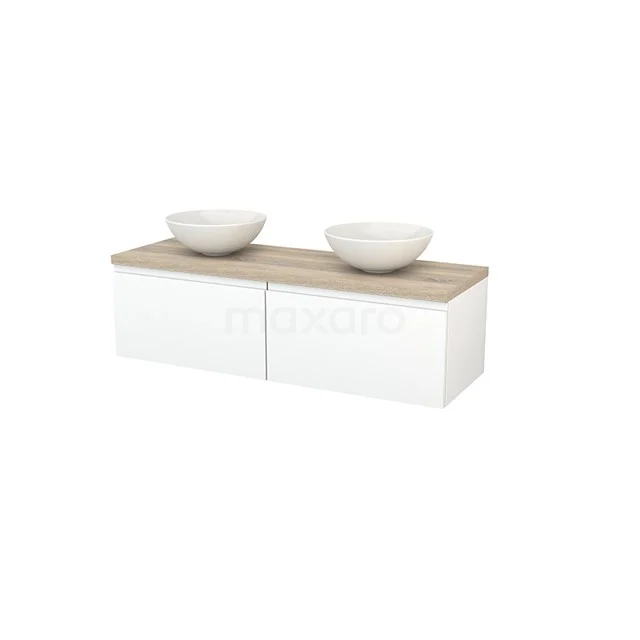 Vanity units for countertop wash basin 140cm Matte white Handleless Modulo+ Plato Oak Worktop BMK002215 White Bathroom unit with wood-look worktop, two top-mounted washbasins, modern design, ideal for stylish and practical bathrooms.