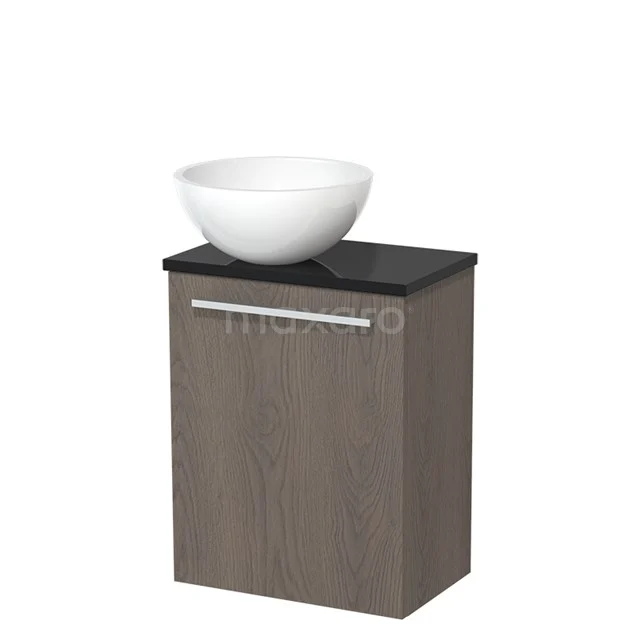 WC-Möbel mit Aufsatzwaschbecken | 41 cm Dunkelbraune Eiche Glatte Front Hochglanz Weiß Mineralguss Aufsatzwaschbecken Hochglanz Schwarz TMK10-06682 Holz-Badschrank mit schwarzer Platte und weißem Aufsatzwaschbecken, modernes Design, ideal für kompakte Bäder.