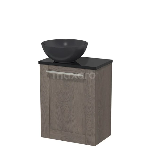 WC-Möbel mit Aufsatzwaschbecken | 41 cm Dunkelbraune Eiche Rahmenfront Matt Schwarz Quarz Aufsatzwaschbecken Hochglanz Schwarz TMK10-06689 Hölzerner Badschrank mit schwarzem Marmor-Waschbecken, modernes Design und kompaktes Format, ideal für die Einrichtung von kleinen Bädern.