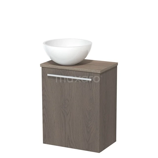 WC-Möbel mit Aufsatzwaschbecken | 41 cm Dunkelbraune Eiche Glatte Front Hochglanz Weiß Mineralguss Aufsatzwaschbecken Eiche Platte TMK10-06692 Holz-Badschrank mit Waschbecken, dunkle Eiche Farbe, schlankes Design mit silberfarbener Haltegriff.