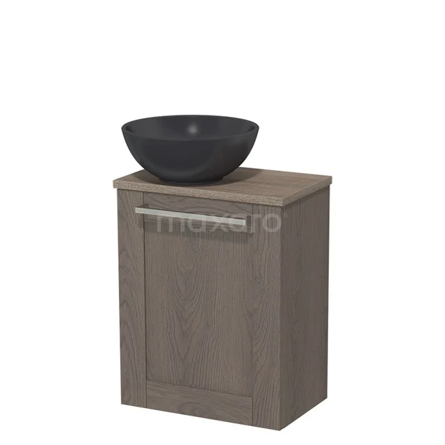 WC-Möbel mit Aufsatzwaschbecken | 41 cm Dunkelbraune Eiche Rahmenfront Matt Schwarz Quarz Aufsatzwaschbecken Platte aus Eiche TMK10-06699 Holz-Badschrank mit mattem grauen Aufsatzwaschbecken, kompaktes Design, ideal für moderne Bäder.