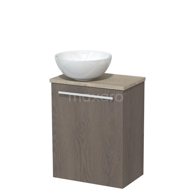 Toilet unit with wash basin | 41 cm Dark brown oak Flat front High-gloss white Ceramic countertop wash basin Light grey oak worktop TMK10-06700