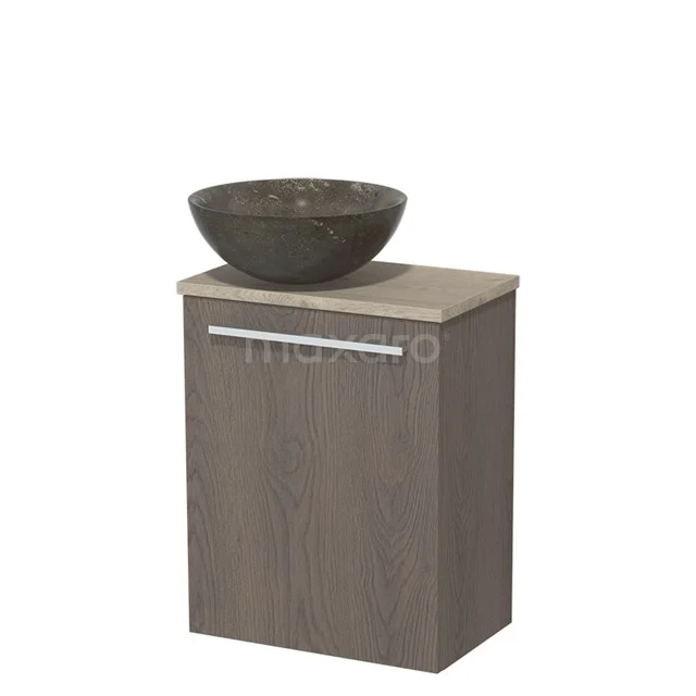 WC-Möbel mit Aufsatzwaschbecken | 41 cm dunkelbraune Eiche glatte Front Blaustein Naturstein Aufsatzwaschbecken hellgraue Eiche TMK10-06701 Holz Badschrank mit grauem Waschbecken, moderne Ausstrahlung, ideal für stilvolle Badezimmergestaltung.