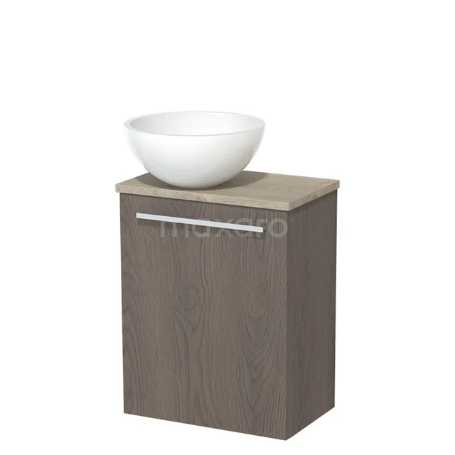 Toilet unit with countertop wash basin | 41 cm Dark brown oak Flat front High-gloss white Mineral marble basin Light grey oak worktop TMK10-06702