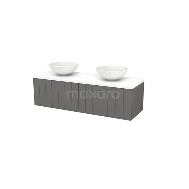 Grey double vanity unit with white ceramic countertop wash basins, modern panel design, ideal for a stylish bathroom.