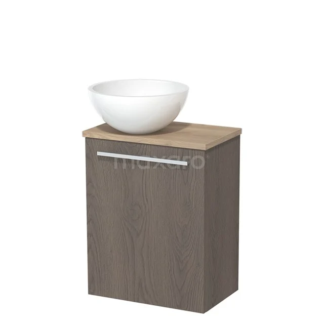 Brauner Holzlook Badschrank mit weißem keramischen Aufsatzwaschbecken, kompaktes Design, perfekt für moderne Bäder.