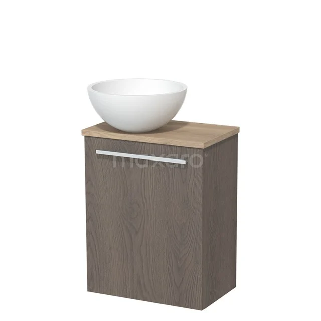 WC-Möbel mit Aufsatzwaschbecken | 41 cm Dunkelbraune Eiche Glatte Front Matt Weiß Aufsatzwaschbecken Hellbraune Eiche Platte TMK10-02888 Holz Badschrank mit weißem Waschbecken, kompaktes Design, moderner Stil, ideal für eine platzsparende Badezimmergestaltung.