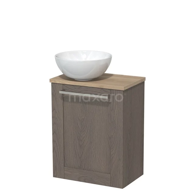 Toilet unit with countertop wash basin | 41 cm Dark brown oak Fronts High-gloss white Ceramic countertop wash basin Light brown oak worktop TMK10-02890
