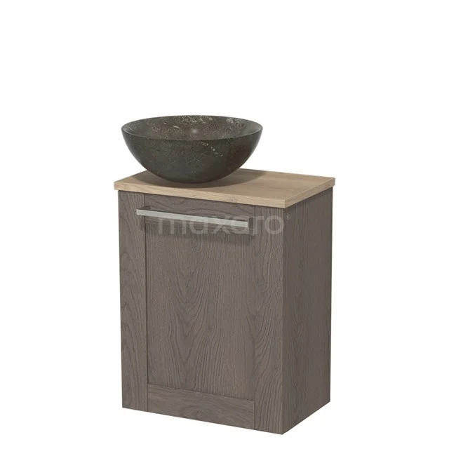 WC-Möbel mit Aufsatzwaschbecken | 41 cm dunkelbraune Eiche Rahmenfront Blaustein Naturstein Aufsatzwaschbecken hellbraune Eiche Platte TMK10-02891 Holz-Badmöbel mit grauem Aufsatzwaschbecken, kompaktes Design; ideal für moderne Bäder.