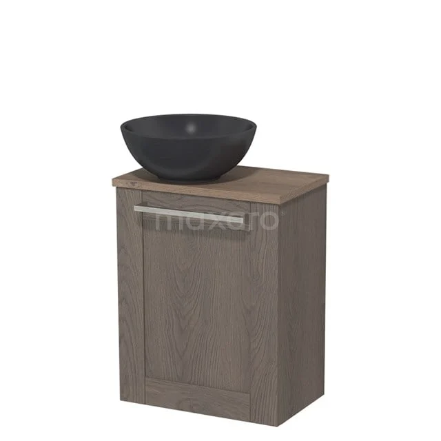WC-Möbel mit Aufsatzwaschbecken | 41 cm Dunkelbraune Eiche Rahmen Front Matt Schwarz Quarz Aufsatzwaschbecken Mittelbraune Eiche Platte TMK10-04606 Holz-Badschrank mit grauem Aufsatzwaschbecken, kompaktes Design, ideale Aufbewahrungslösung für ein modernes und stilvolles Badezimmer.