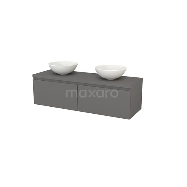 Modulo+ Plato Vanity units for countertop basin | 140 cm Basalt Handle-less front Basalt worktop 2 Side-by-side drawers BMK002229 Grey bathroom unit with double basin worktop, ceramic basin worktops and modern finish, ideal for a stylish bathroom.