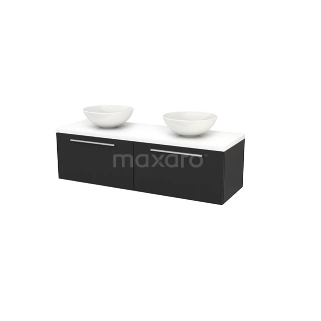 Black bathroom furniture set with double basin and white ceramic bowls, sleek design and modern finish.