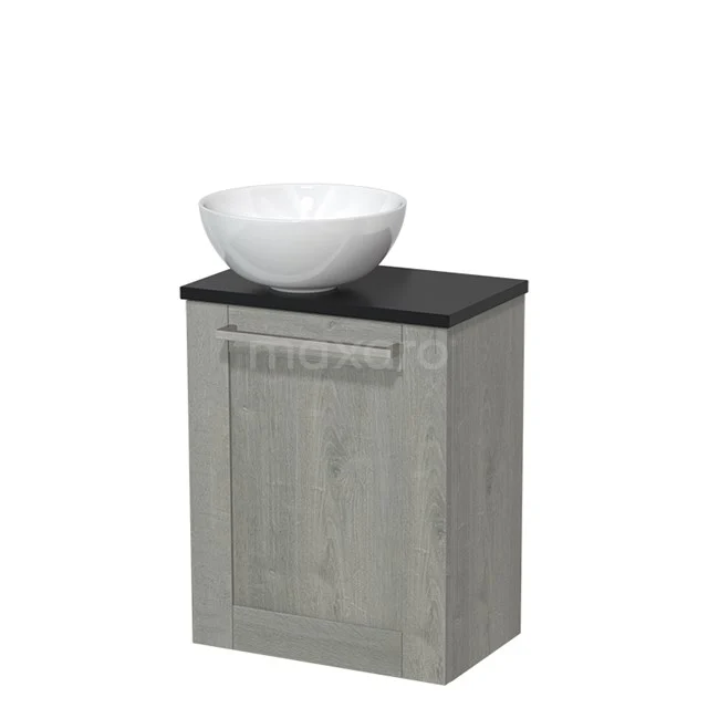 Toilet unit with countertop wash basin | 41 cm Grey oak Front High-gloss white Ceramic worktop Matte black worktop TMK10-04806 Wooden bathroom cabinet light grey with black worktop and white ceramic countertop wash basin. Compact design, ideal for modern bathrooms.