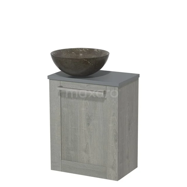 Grey bathroom furniture set with wood grain, including anthracite basin bowl, ideal for a modern bathroom design.