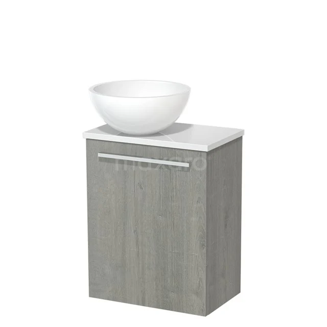 Toilet unit with wash basin | 41 cm Grey oak Flat front High-gloss white Mineral marble basin High-gloss white worktop TMK10-06752 Grey wooden Bathroom cabinet with white basin top, space-saving design, ideal for modern bathrooms.