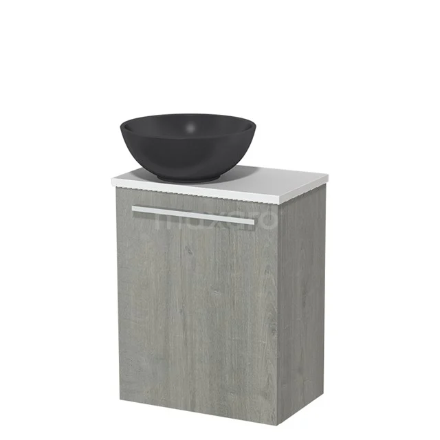 Toilet unit with countertop wash basin | 41 cm Grey oak Flat front Matte black Quartz worktop High-gloss white worktop TMK10-06754 Grey wooden bathroom unit with white top and black vanity units for countertop wash basin, compact design, perfect for modern bathrooms.