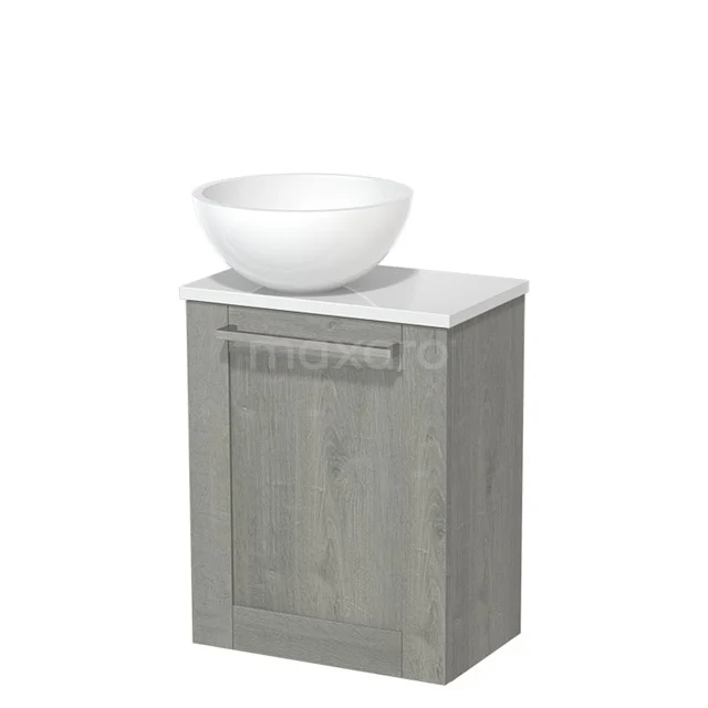 Toilet unit with countertop wash basin | 41 cm Grey oak Front High-gloss white Mineral marble countertop wash basin High-gloss white worktop TMK10-06757 Grey wooden bathroom unit with white surface-mounted vanity unit with basin, compact design, ideal for modern bathrooms.