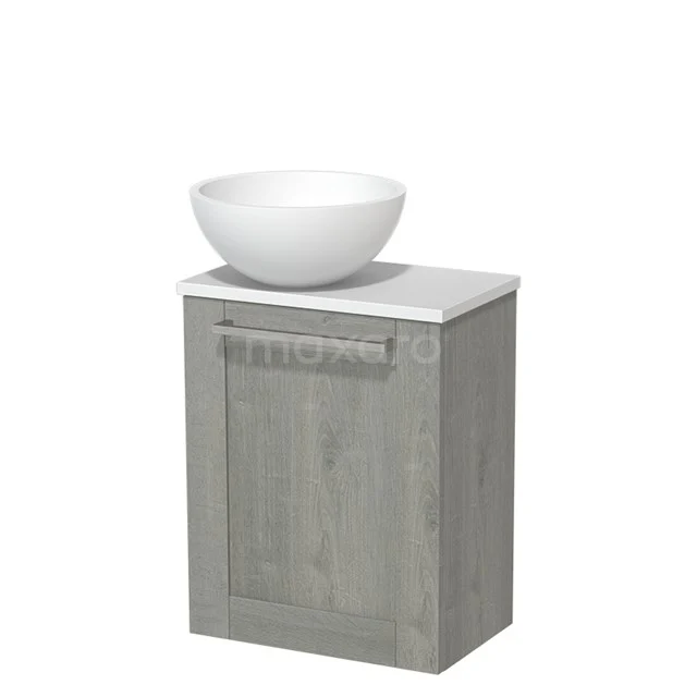 Grey oak bathroom cabinet with white ceramic countertop wash basin, compact design, ideal for modern bathrooms.