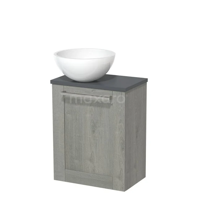 Countertop wash basin | 41 cm Grey oak Front High-gloss white Mineral marble worktop Dark grey worktop TMK10-02510 Grey wood bathroom cabinet with black top plate and round white basin, ideal compact solution for modern bathrooms.