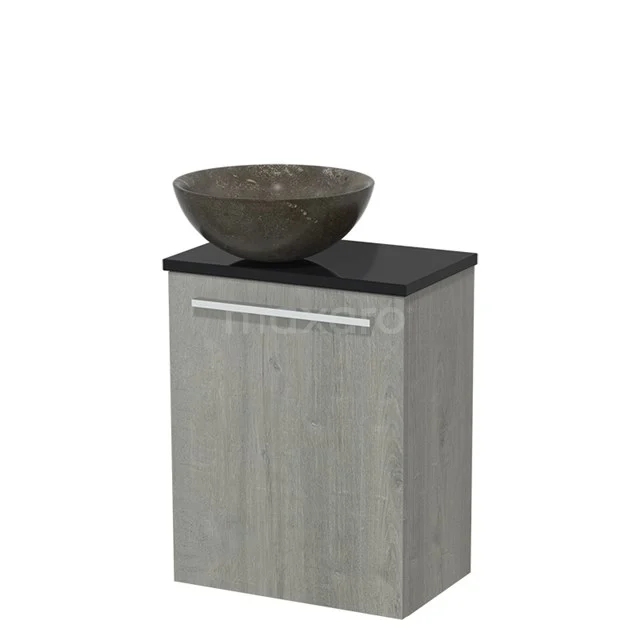 Grey bathroom cabinet with black top and ceramic countertop wash basin, ideal for modern bathroom interiors.
