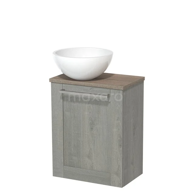 Grey wood-look bathroom cabinet with white round countertop wash basin, compact design and durable materials for modern bathroom furnishings.