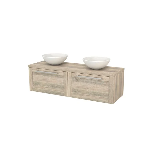 Wooden bathroom unit with double drawers and two ceramic countertop wash basins, ideal for a modern bathroom style.