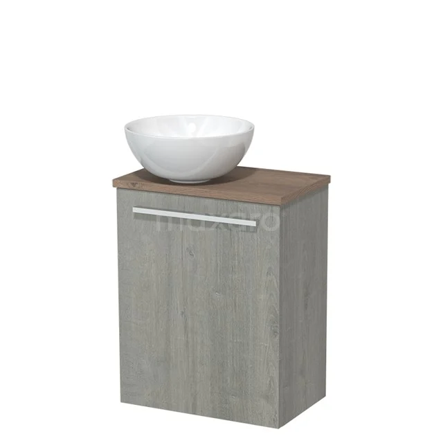 Toilet unit with wash basin | 41 cm Grey oak Flat front High-gloss white Ceramic Countertop wash basin Mid brown oak worktop TMK10-04607 Grey wooden Bathroom cabinet with white basin bowl, compact shape ideal for modern bathroom design.