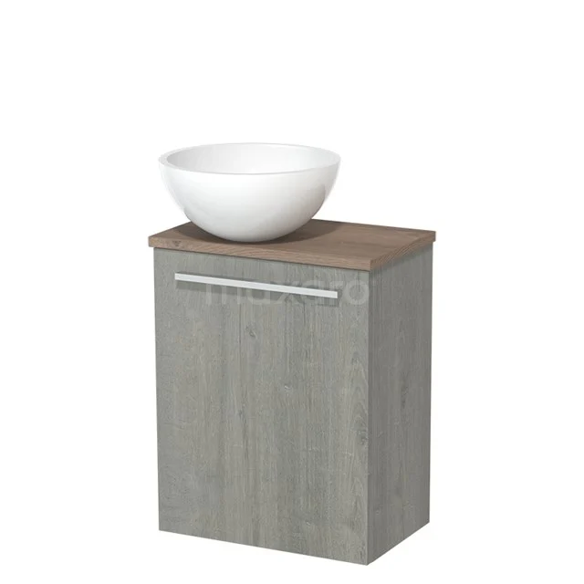 Grey wooden bathroom unit with white countertop wash basin, modern design and compact shape, ideal for stylish bathroom design.