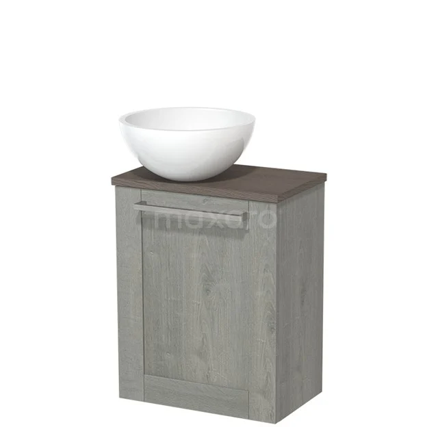 Toilet unit with countertop wash basin | 41 cm Grey oak Front High-gloss white Mineral marble basin Dark brown oak worktop TMK10-06817 Grey wooden bathroom cabinet with white, round countertop wash basin; modern design, ideal for compact bathrooms.