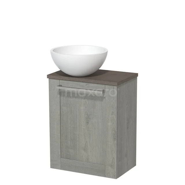Grey wooden bathroom cabinet with rustic look, including white countertop wash basin, ideal for stylish bathroom decor.