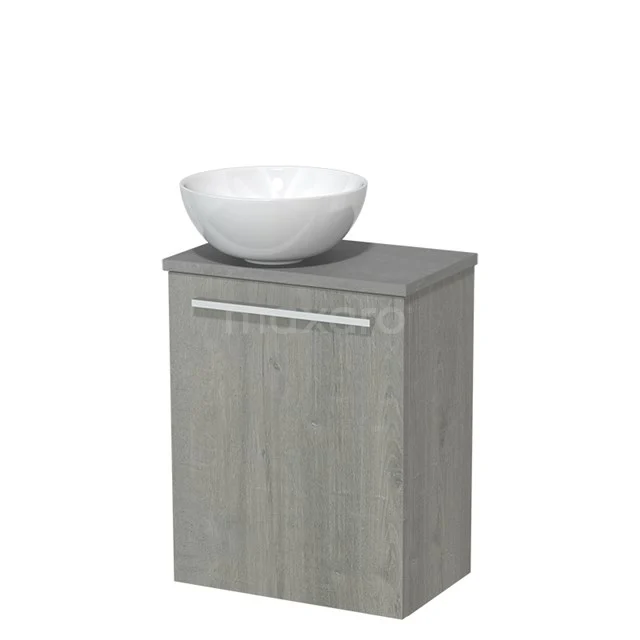 Grey wooden bathroom cabinet with white ceramic countertop wash basin, compact design, perfect for modern bathrooms.