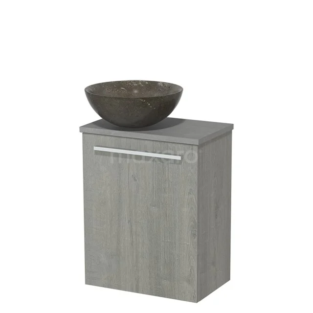 Grey wooden bathroom unit with natural stone countertop wash basin, modern design, ideal for a stylish and practical bathroom.