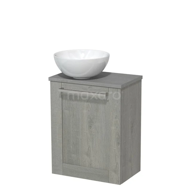 Grey oak bathroom cabinet with white ceramic countertop wash basin, compact design, ideal for modern bathroom design.