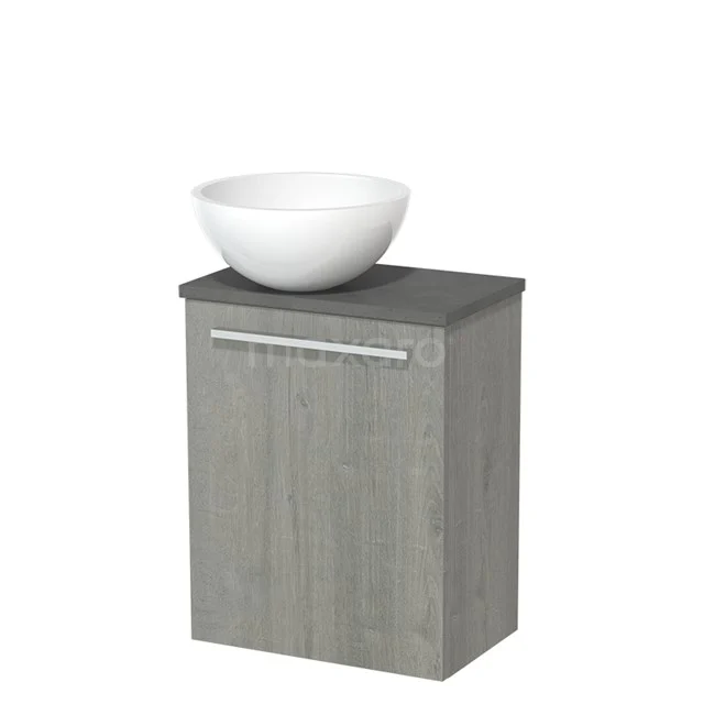 Grey bathroom cabinet with handle and white countertop wash basin, modern wood look, ideal for compact bathroom storage.